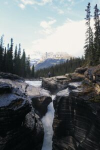 rapid river flowing among rocky formations surrounded by coniferous trees in mountainous valley